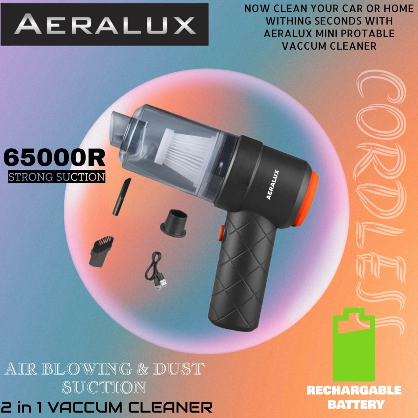 Aeralux 2 In 1 Vacuum Cleaner Portable Mini For Car